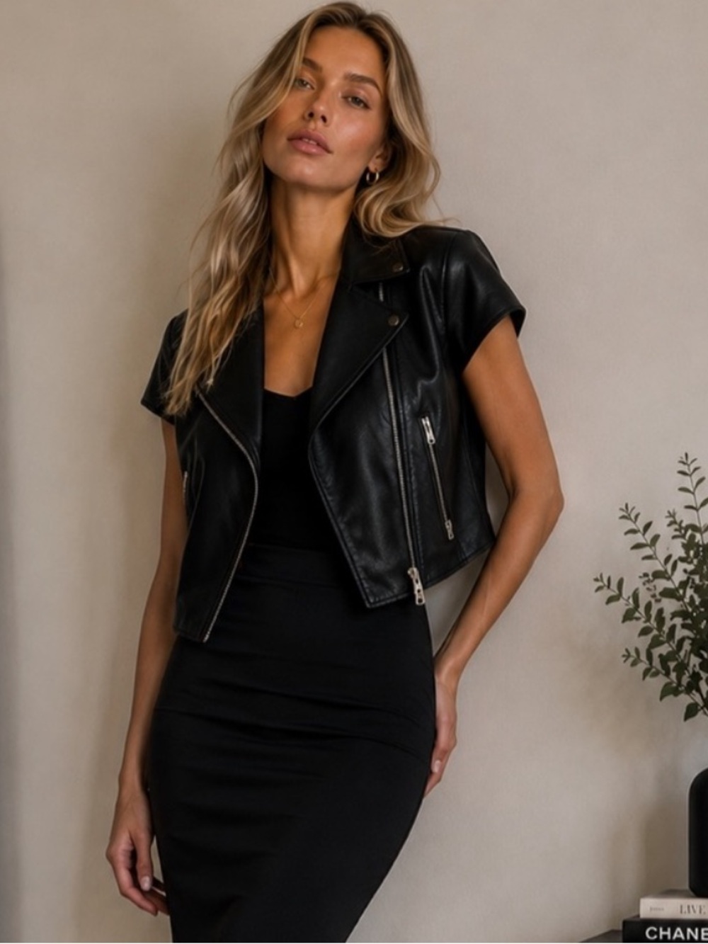 Zara Basic Black Faux Leather Short Sleeve Moto Jacket Vest XS